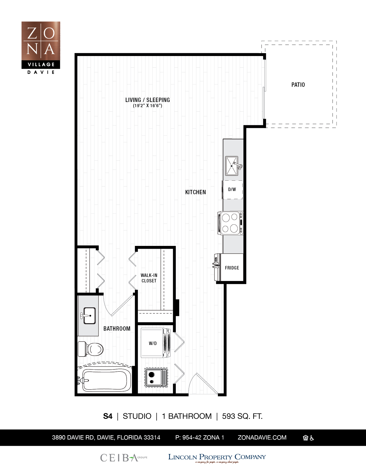 Floor plan for studio, 1 bath, 593 sqft